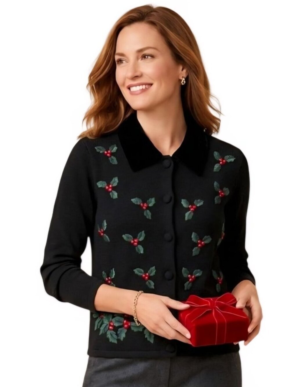 Talbots Vintage Embroidered Holly Velvet Collar Wool Cardigan Sweater Size Mp